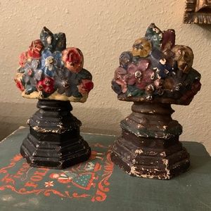 Cast Iron Flower Basket Door Stop w/ Original Paint Vintage Antique Lot Of 2